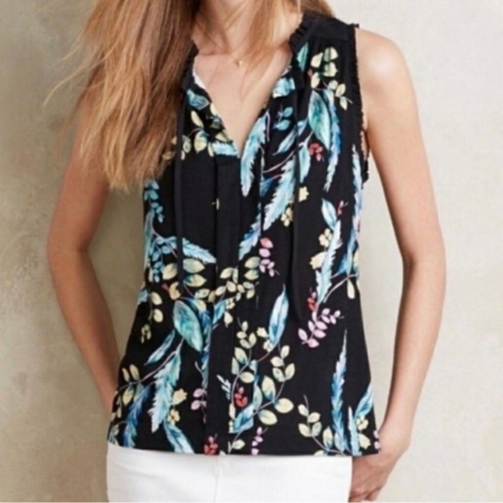 Anthropologie Meadow Rue Floral Ruffle Boho Girly Peasant Self Tie Pleated Top M